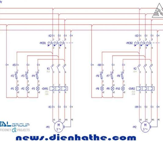 Mạch điều khiển 2 động cơ 3 pha khởi động trực tiếp chạy luân phiên