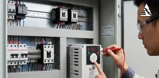 Biến tần LS báo lỗi trong tủ điện công nghiệp và kỹ sư kiểm tra mã lỗi