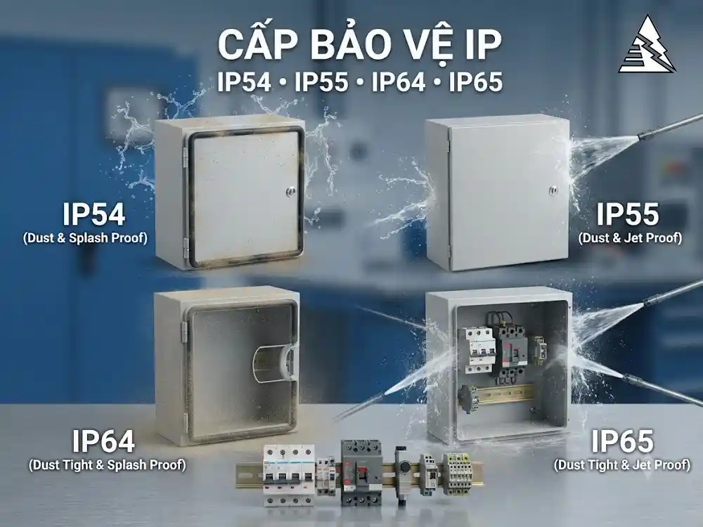 Cấp bảo vệ IP54, IP55, IP64 và IP65 trên vỏ tủ điện và thiết bị điện, thể hiện khả năng chống bụi và nước theo IEC 60529.