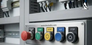 Ý nghĩa màu sắc nút nhấn công nghiệp gồm đỏ, xanh lá, vàng, xanh dương và đen trên bảng điều khiển.