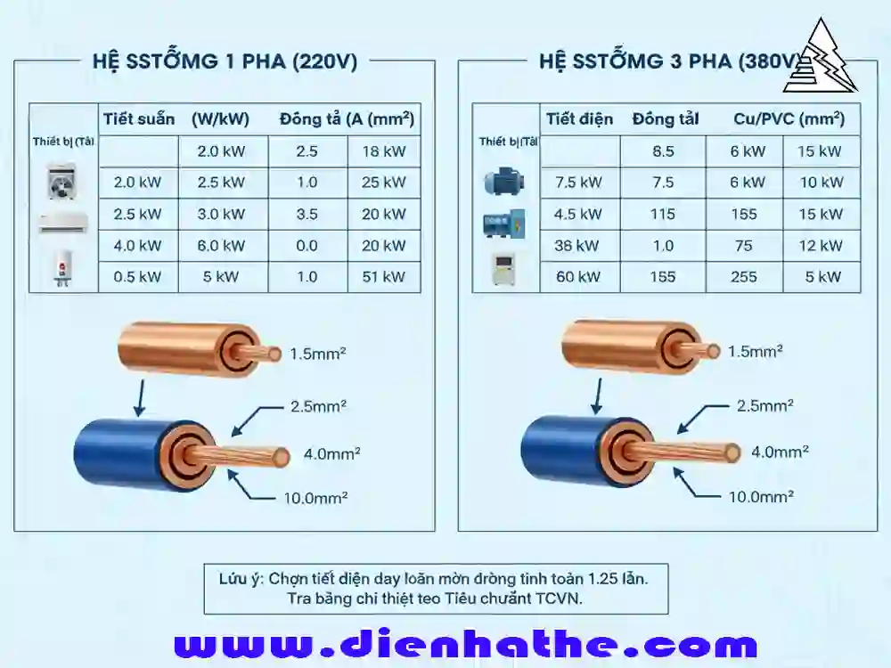Cách Chọn Dây Dẫn Điện Theo Dòng Điện Và Công Suất Cho Hệ Thống 1 Pha Và 3 Pha Chọn Tiết Diện Dây Theo Dòng Điện – Công Suất