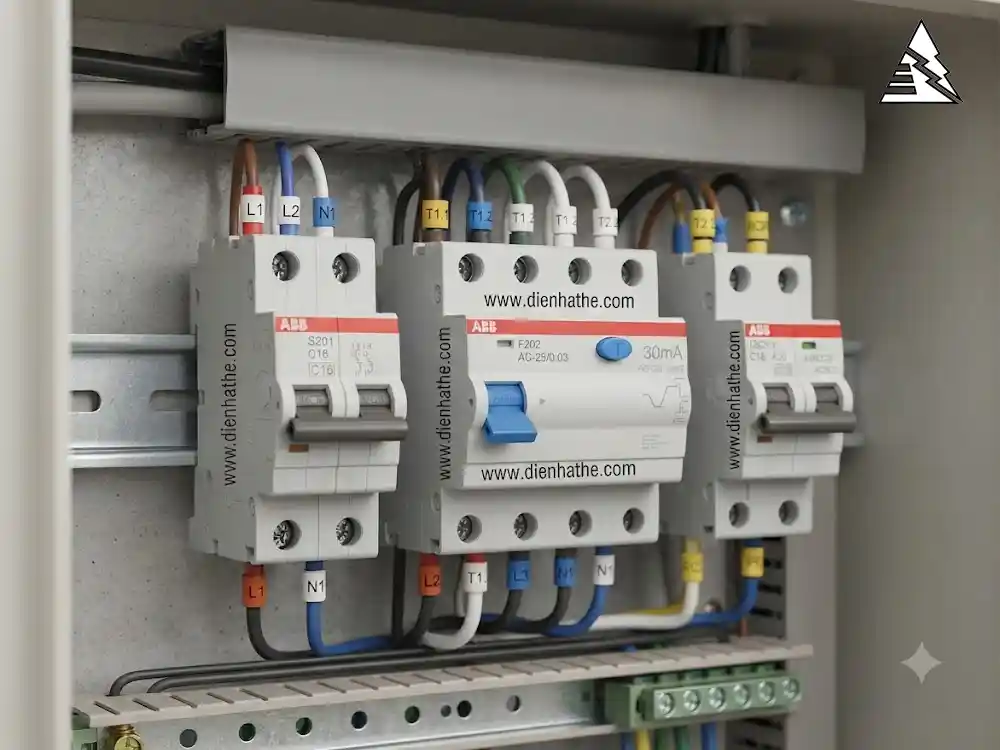 Thiết bị MCB, RCCB và RCBO ABB trong hệ thống bảo vệ điện và tủ điện phân phối.