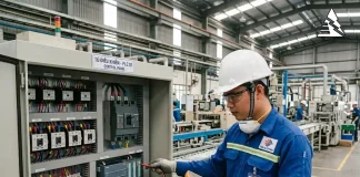 Học Ngành Điện Công Nghiệp Ra Làm Gì? Mức Lương Và Cơ Hội Việc Làm 2027 Kỹ thuật viên điện công nghiệp kiểm tra tủ điện trong nhà máy