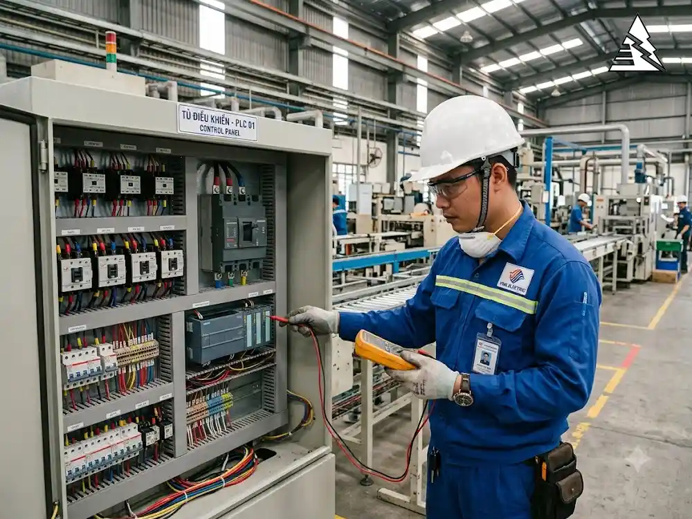 Học Ngành Điện Công Nghiệp Ra Làm Gì? Mức Lương Và Cơ Hội Việc Làm 2027 Kỹ thuật viên điện công nghiệp kiểm tra tủ điện trong nhà máy