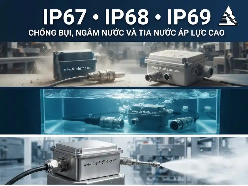 So sánh cấp bảo vệ IP67, IP68 và IP69 về chống bụi, ngâm nước và tia nước áp lực cao trên thiết bị điện